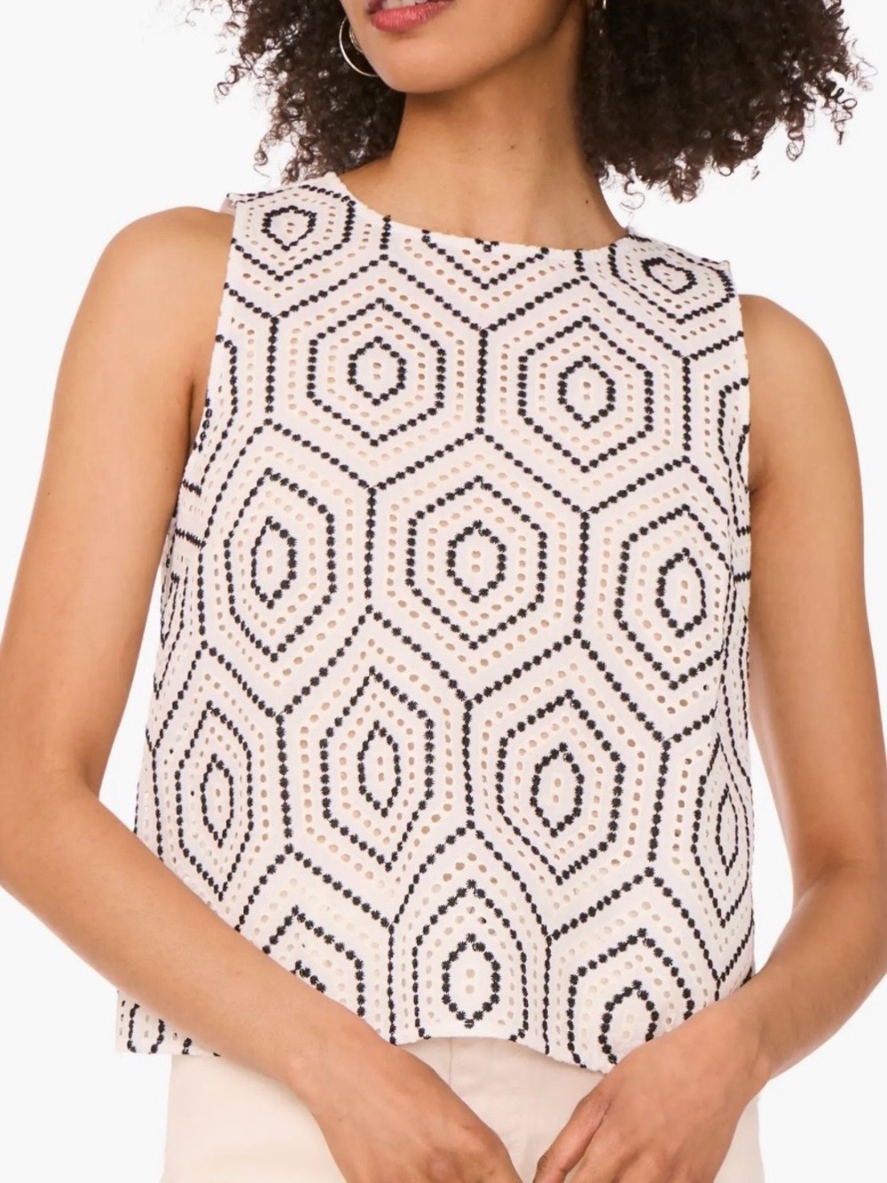 1.STATE White Eyelet Tank Top with Black Embroidered Chevron Pattern - Size L